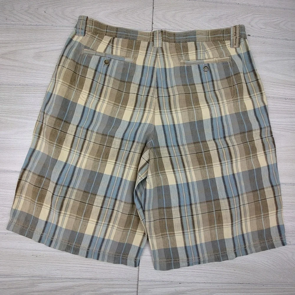Tommy‎ Bahama Plaid Shorts Mens 36 Blue Tan Linen Silk Blend Flat Front Casual